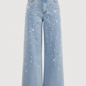 Blue Casual Women's Front Button Pocket Faux Pearl Decor Denim Jeans